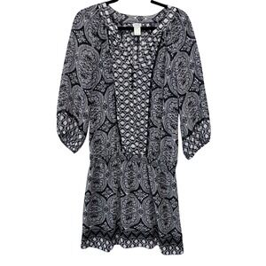 Cache‎ Black White Paisley Print 3/4 Sleeve chiffon semisheer Mini Dress Size XL